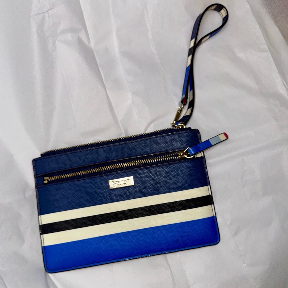 Kate Spade Laurel Way Tinie Wristlet Blue Stripe Zip Wallet Clutch - Picture 5 of 7